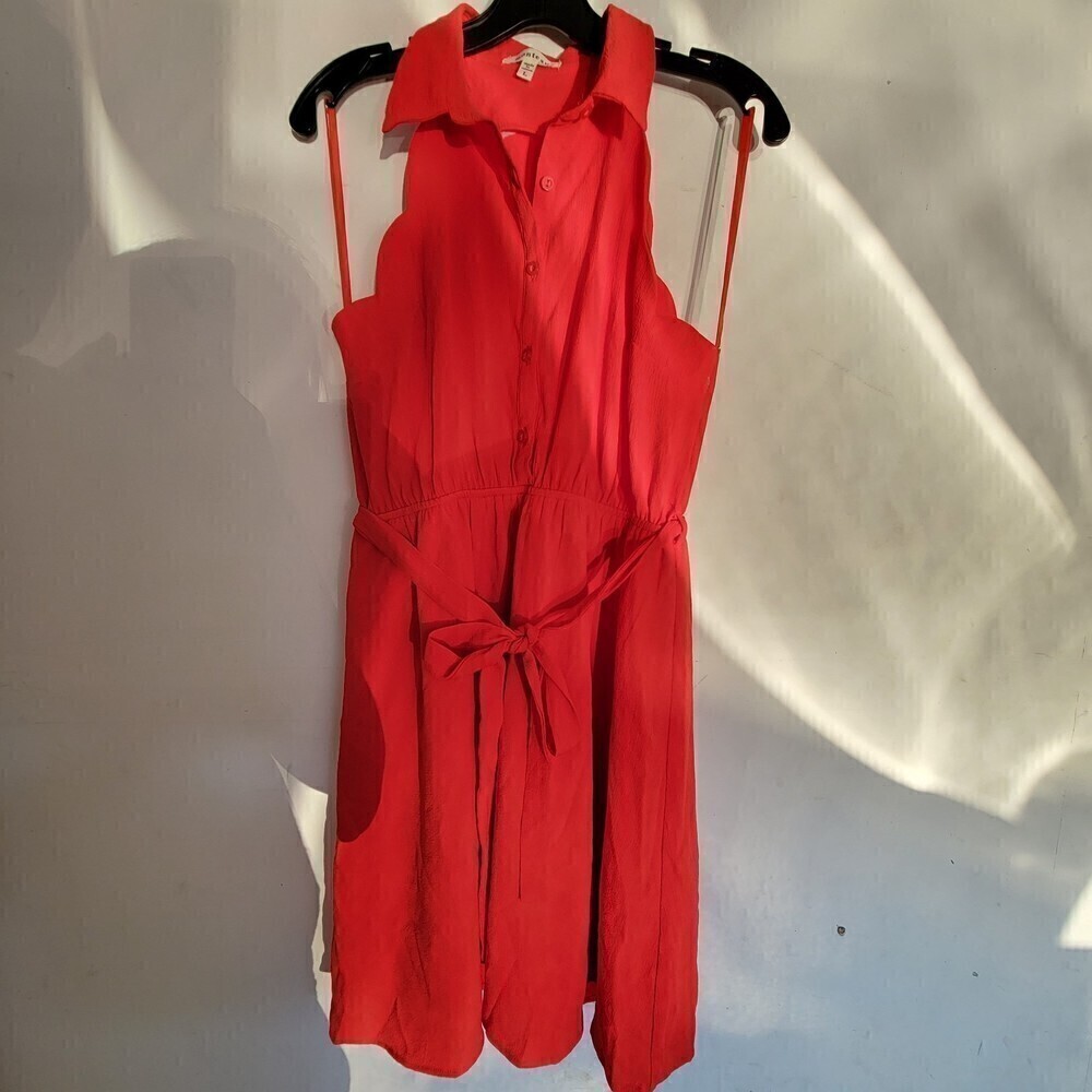 Monteau Red Scalloped Hem Sleeveless Button Front Belted Mini Dress Size Large